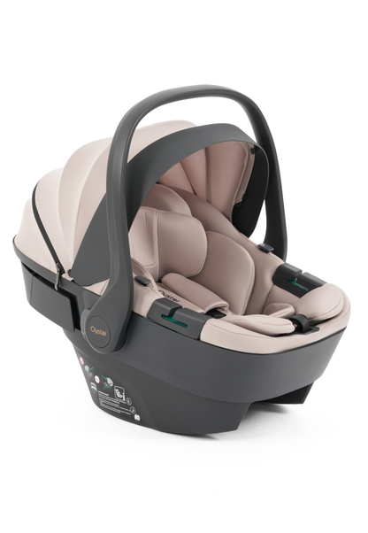 Oyster baby car seat infant carrier with beige interior and graphite shell on white background