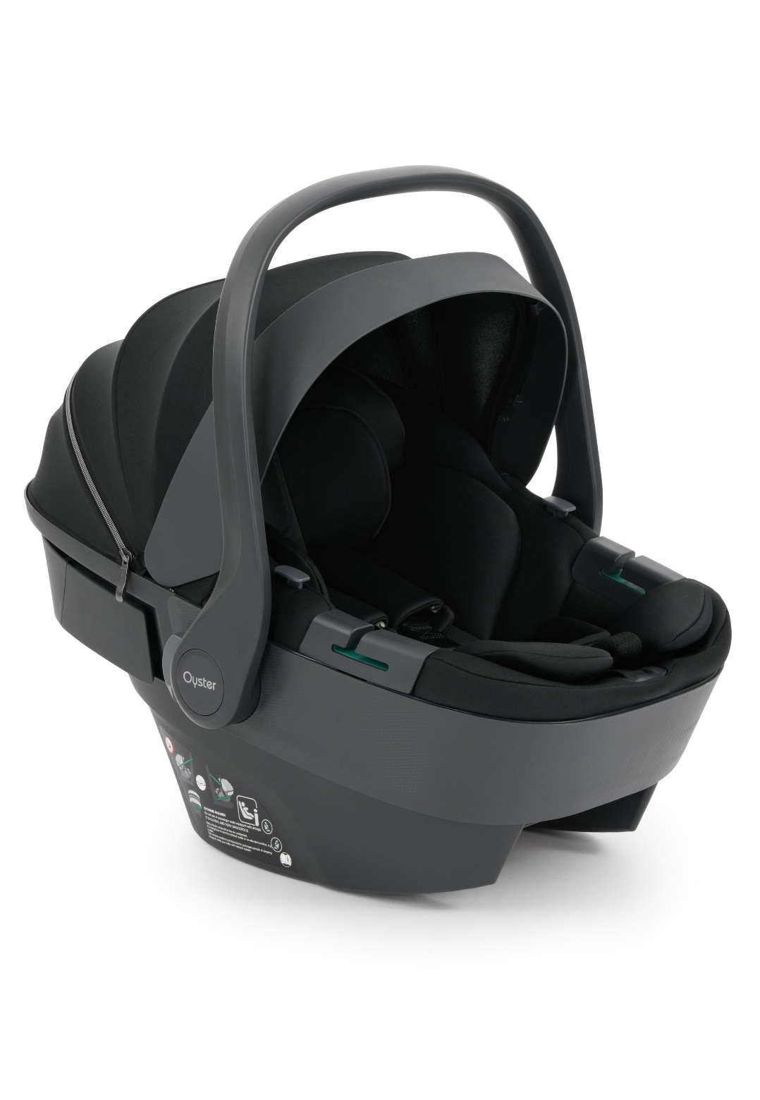 Oyster baby car seat infant carrier in all-black graphite colorway on white background