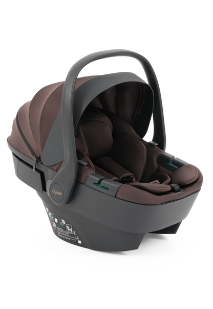 Oyster baby car seat infant carrier in brown chocolate and graphite on white background