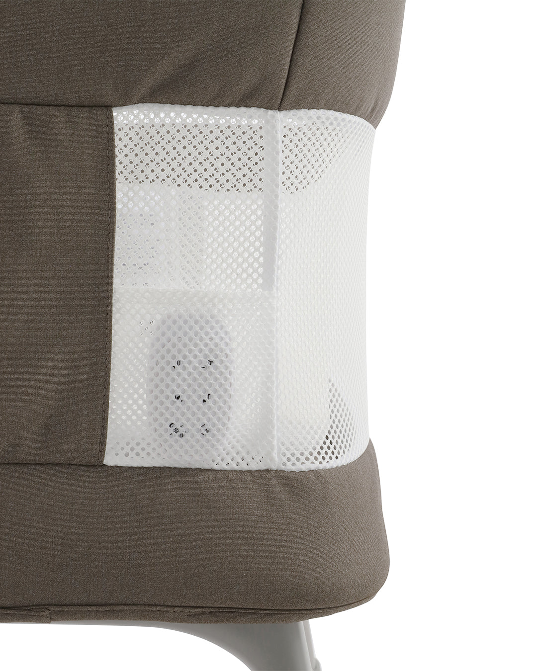 Close-up of the Oyster Wiggle Crib Co-Sleeper's drop-side panel and remote control for nighttime settling